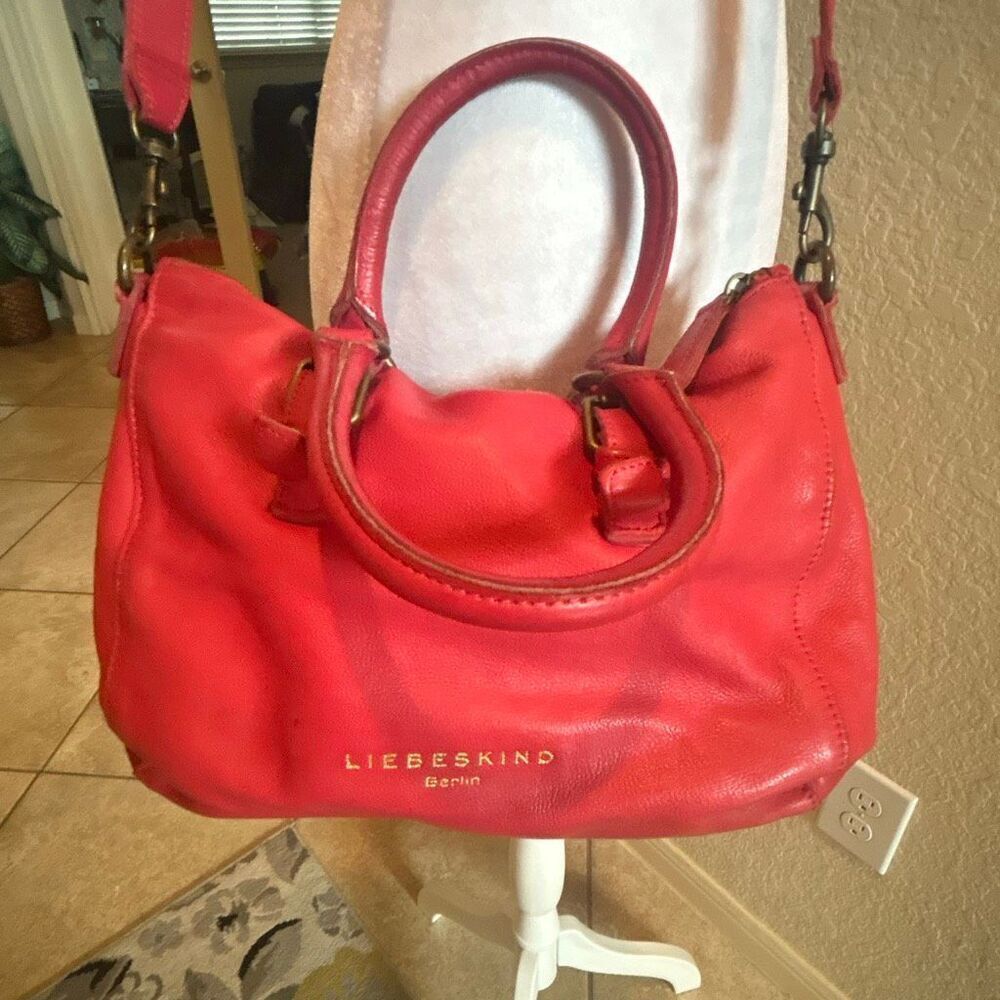 Liebeskind Berlin Satchel Handbag Raspberry Red Leather Top Handle Two Way Purse - Picture 5 of 14